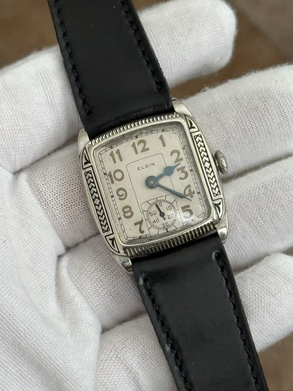 Vintage Elgin Men’s Art Deco Fancy Dial 14k WGF Engraved Watch
