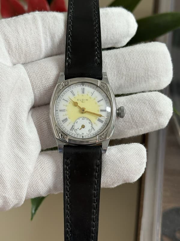 Vintage Elgin Art Deco Fancy Enamel Dial Men’s 15J Manual Engraved Cushion Watch