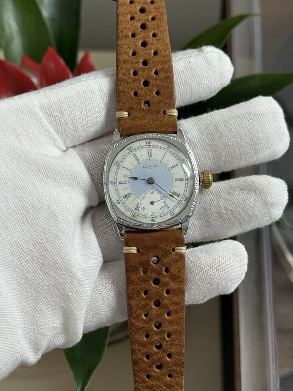 Vintage Elgin Art Deco Fancy Enamel Dial Men’s 7J Manual Engraved Cushion Watch