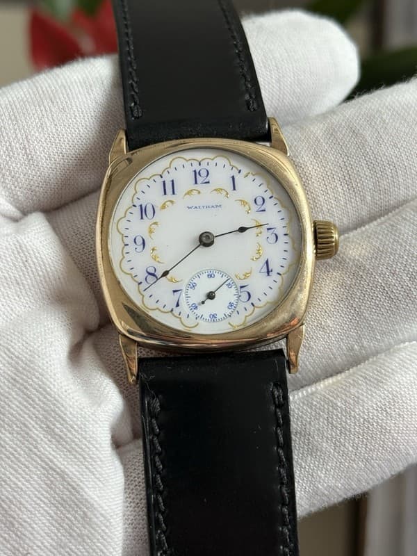Vintage Waltham Art Deco Fancy Enamel Dial Men’s 15J Manual Gold Cushion Watch