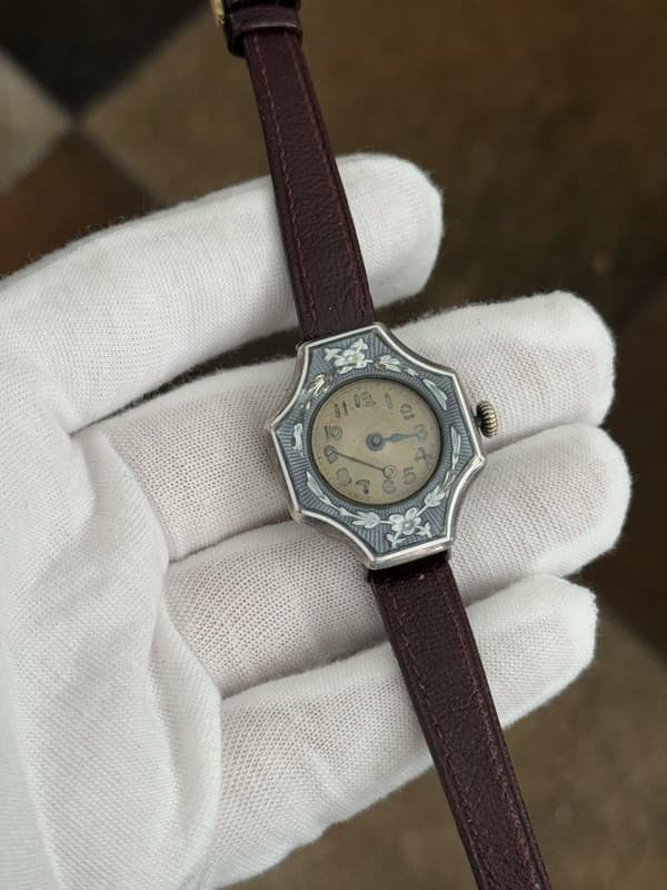Rare Antique Art Deco Enamel Sterling Silver 15J Swiss Manual Watch - For Repair