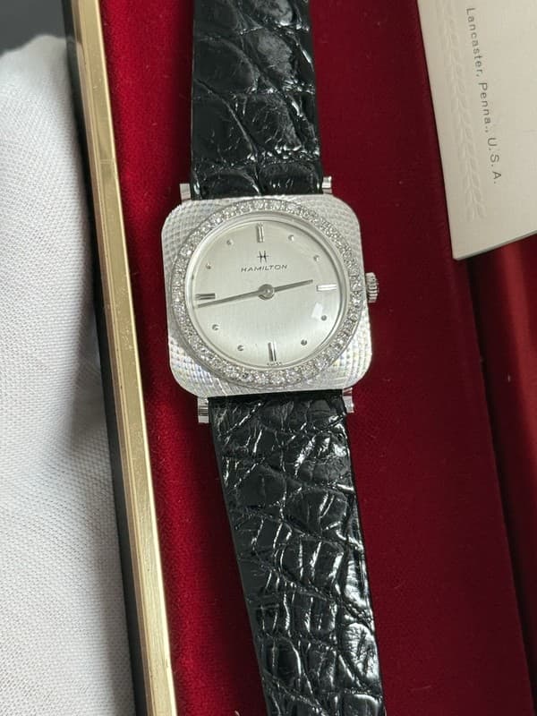 NOS Vintage Hamilton 14K White Gold Diamond Bezel Men’s Manual Dress Watch 60s