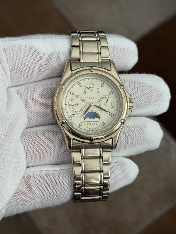 Rare Vintage Seiko Alba Carib V33F-6B80 Men’s Triple Calendar Moon Phase Watch