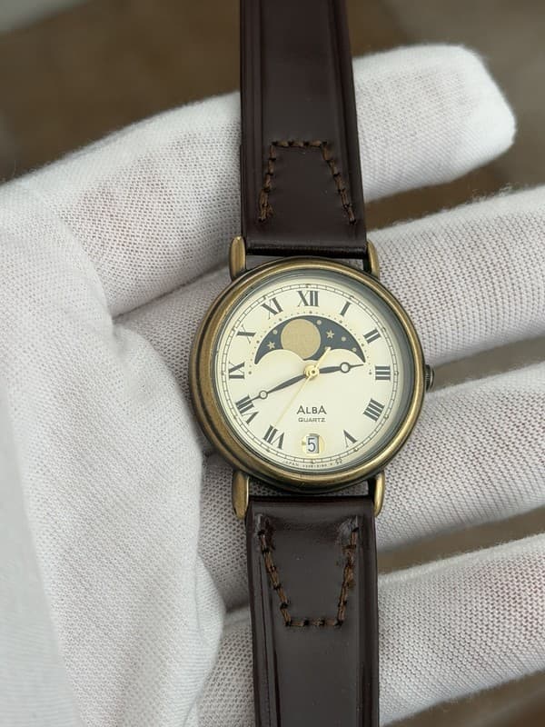 Rare Vintage Seiko Alba Moon Phase V338-6100 Men’s Classic Dress Watch JDM 1980s