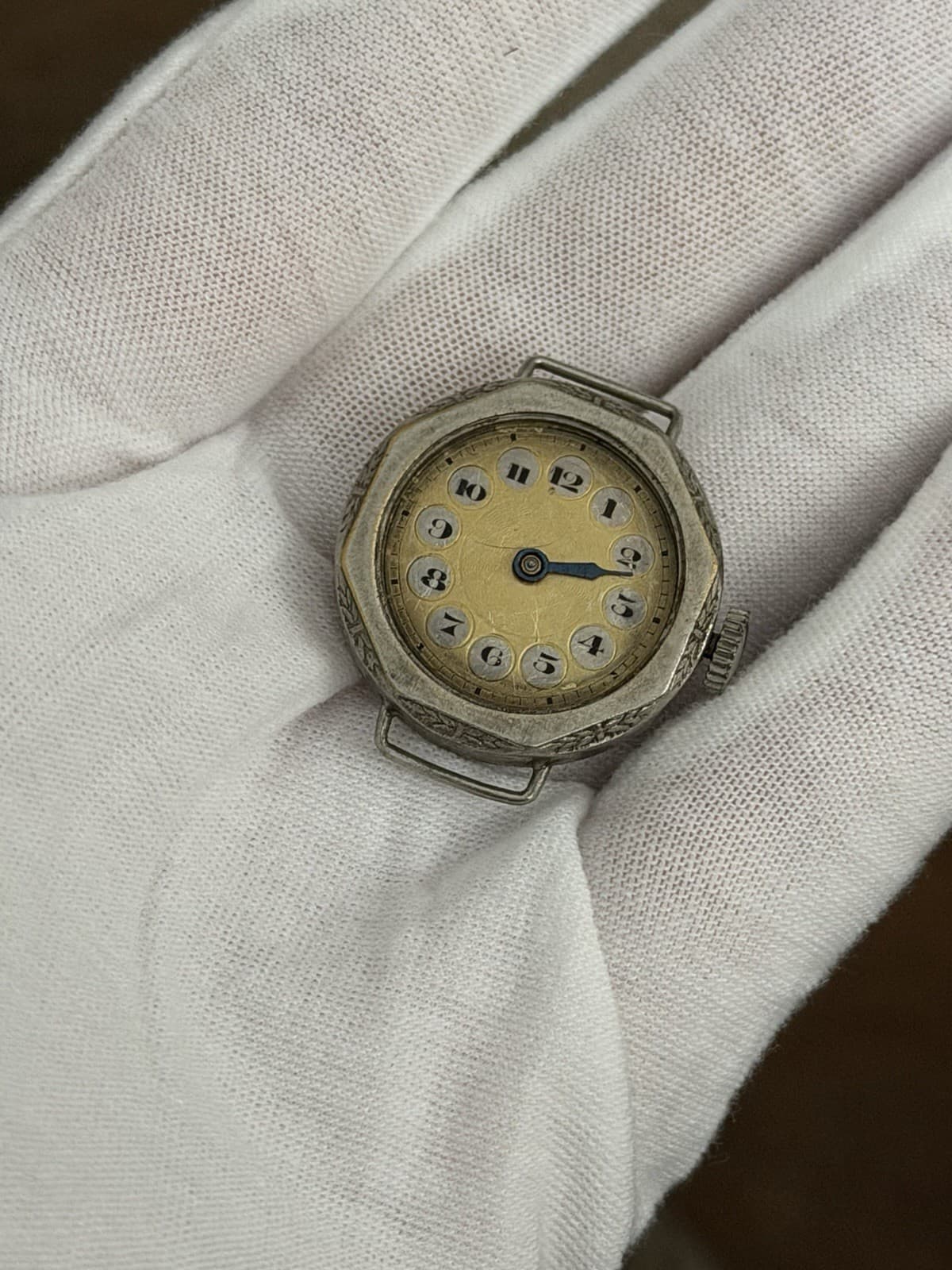 Vintage Art Deco Engraved Telephone Dial Swiss Cocktail Manual Wind Watch 1920s