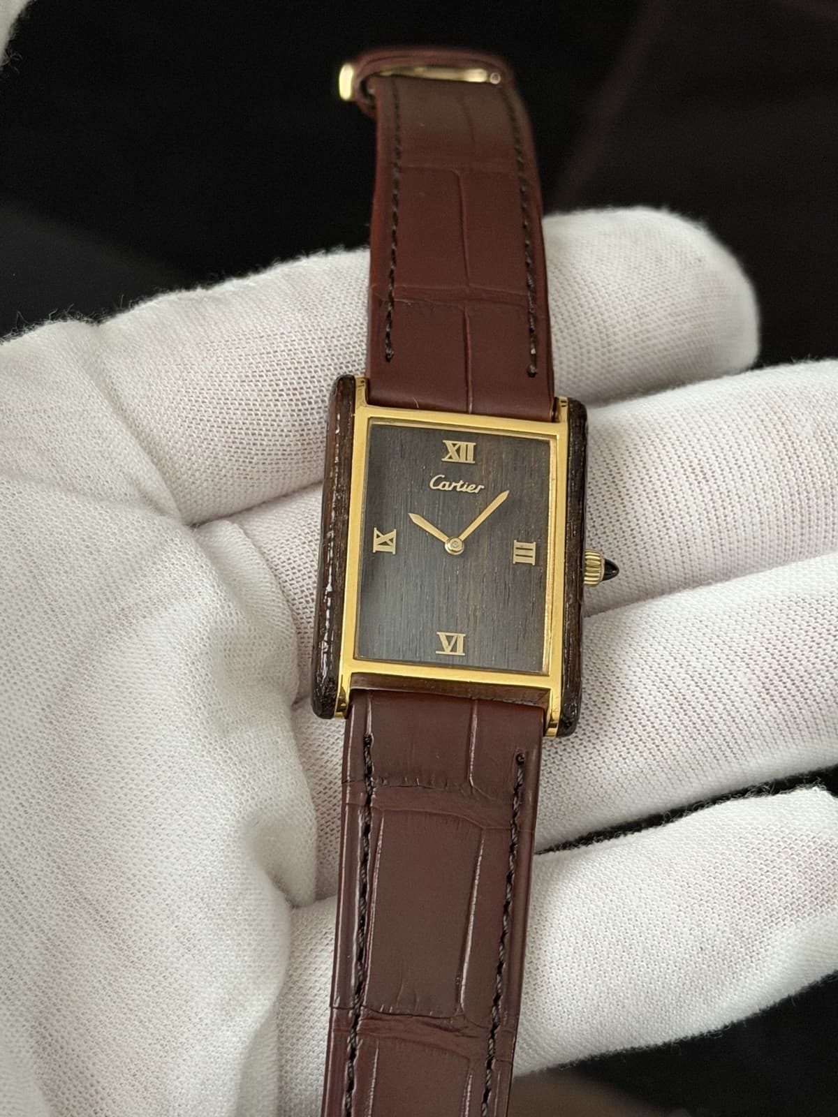 Vintage Cartier Palissandre de Rio Wood Tank Swiss Manual Dress Watch 21611