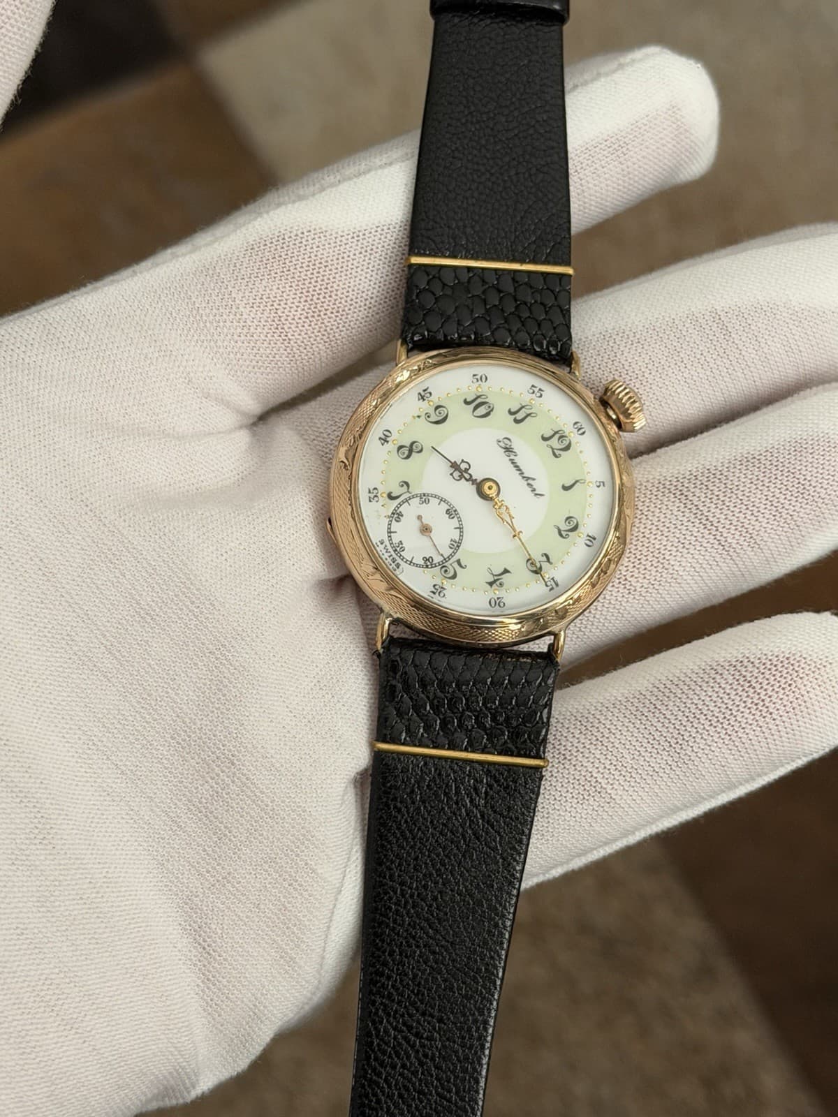 Vintage Humbert Art Deco Fancy Enamel Dial Men’s Engraved Transition Dress Watch